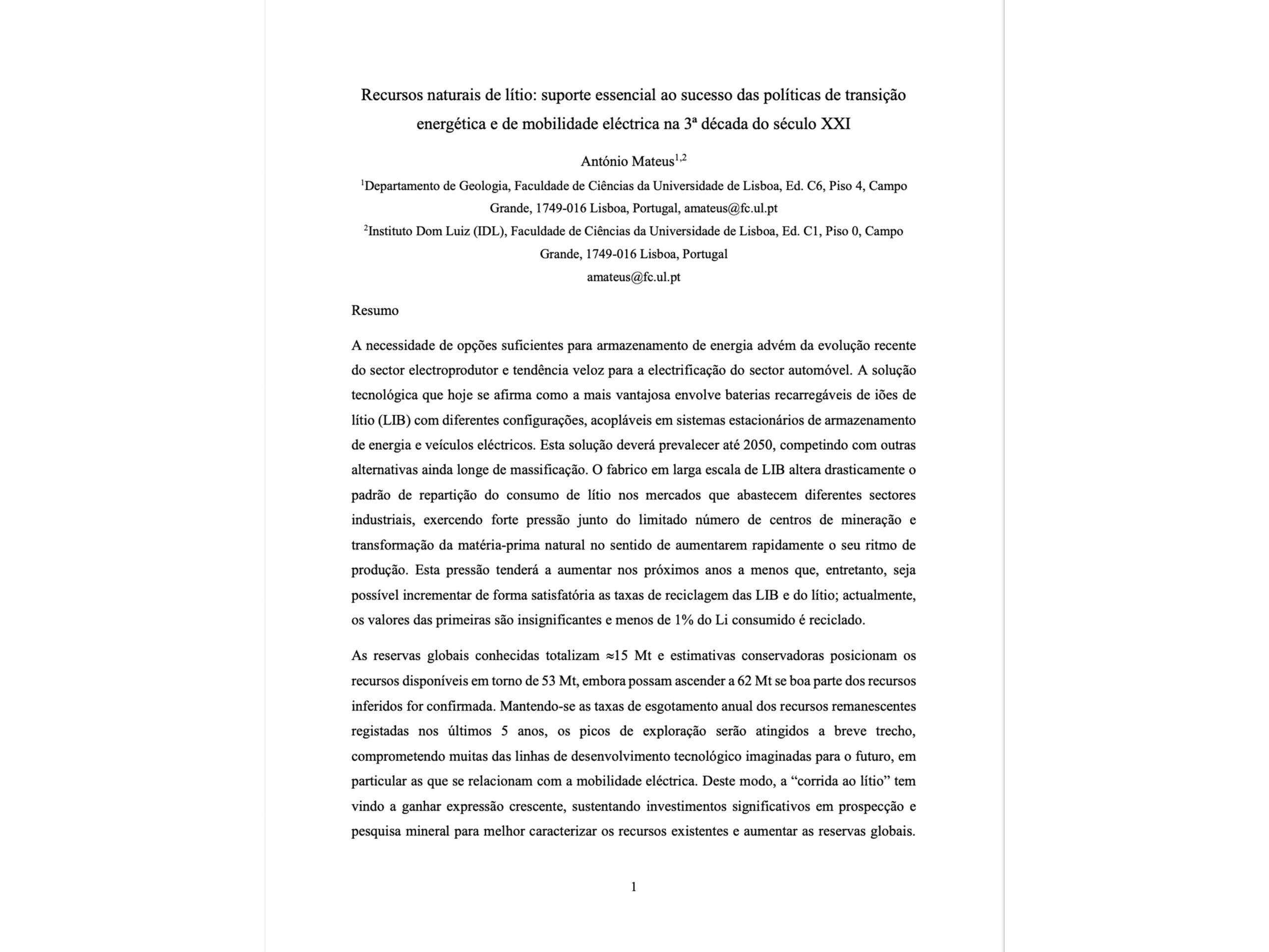 Recursos naturais de lítio: suporte essencial ao sucesso das políticas de transição energética e de mobilidade elétrica na 3ª década do século XXI